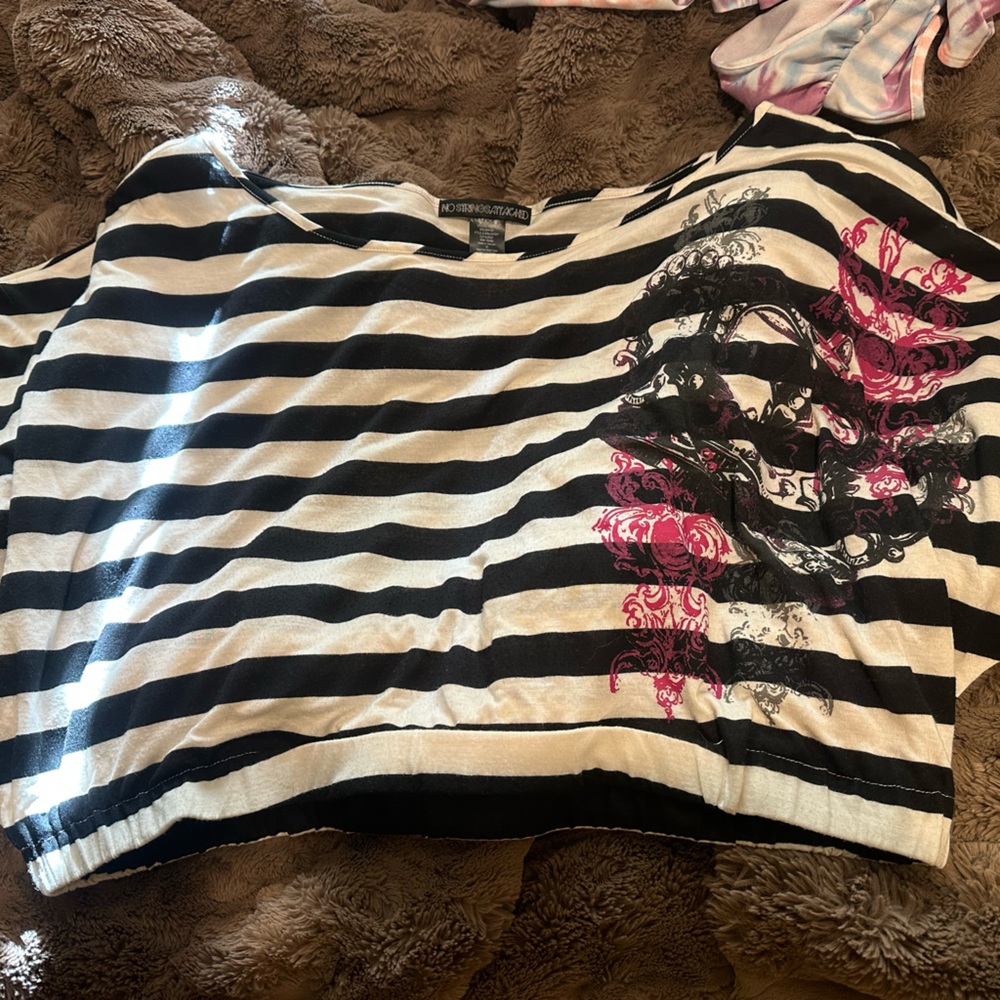No Strings attached-Black and White Striped Top with Pink Accents